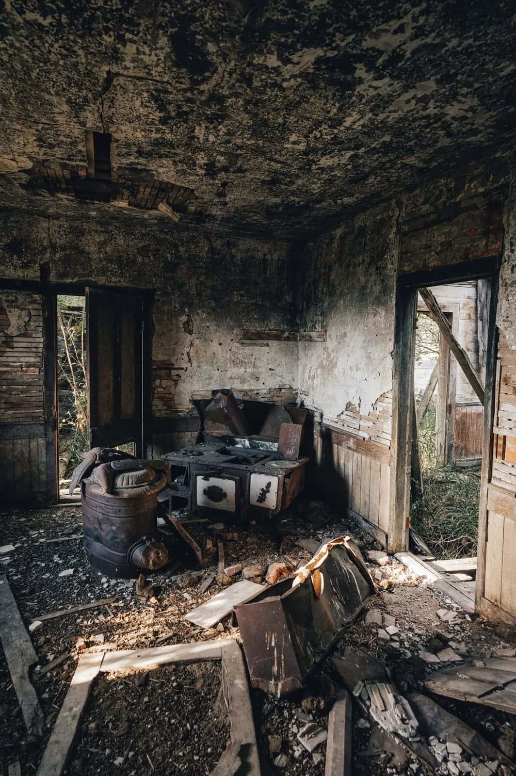 Kitchen interior damaged by fire and soot